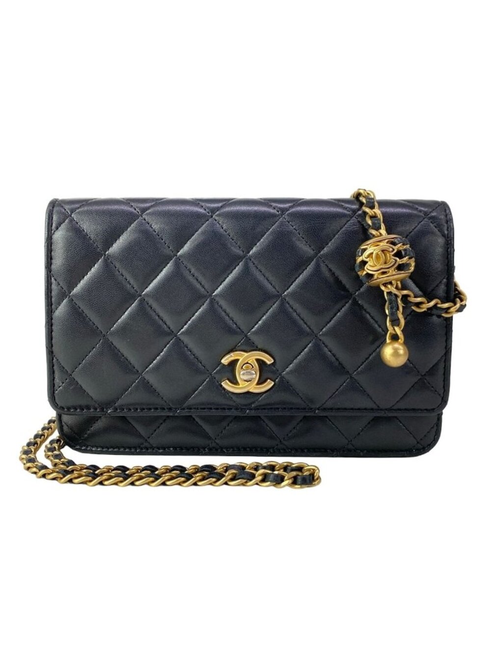 Chanel Wallet Quilted Black Chain Gold Coco Ball Lambskin